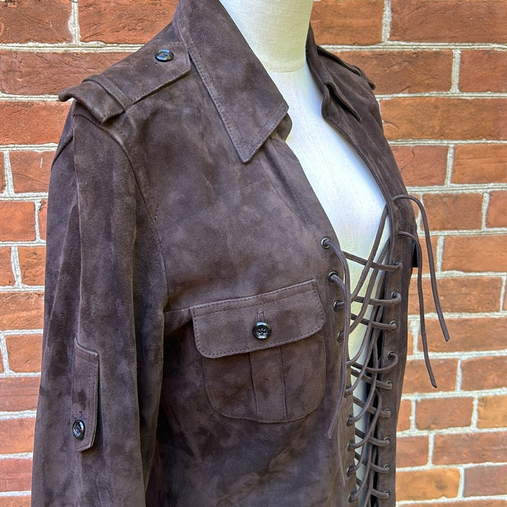 STRENESSE Dark Brown Suede Lace-Up Military Jacket - Picture 5 of 11